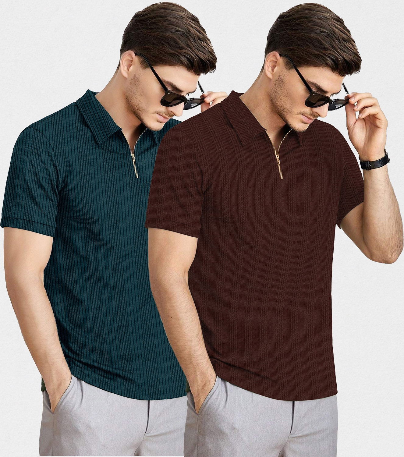 Image of KAJARU Self Design Men Zip Neck Dark Green, Brown T-Shirt