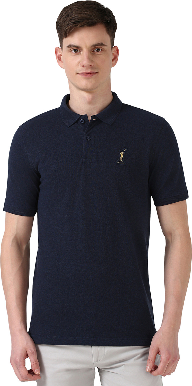 Image of PETER ENGLAND Self Design Men Polo Neck Blue T-Shirt