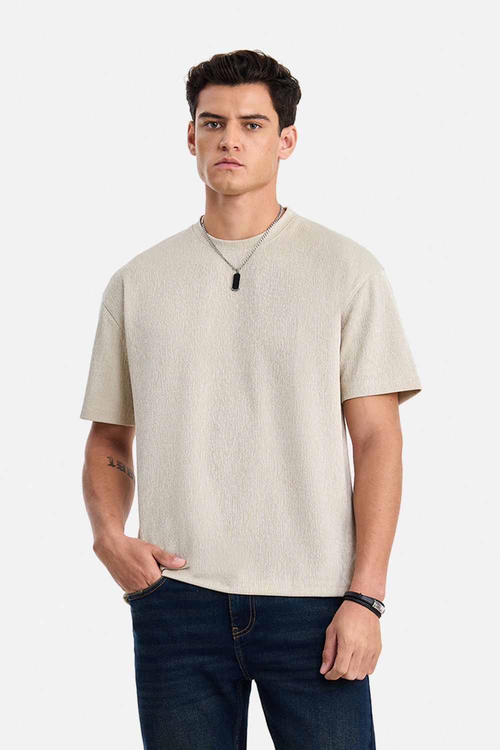 Image of Snitch Solid Men Round Neck Beige T-Shirt