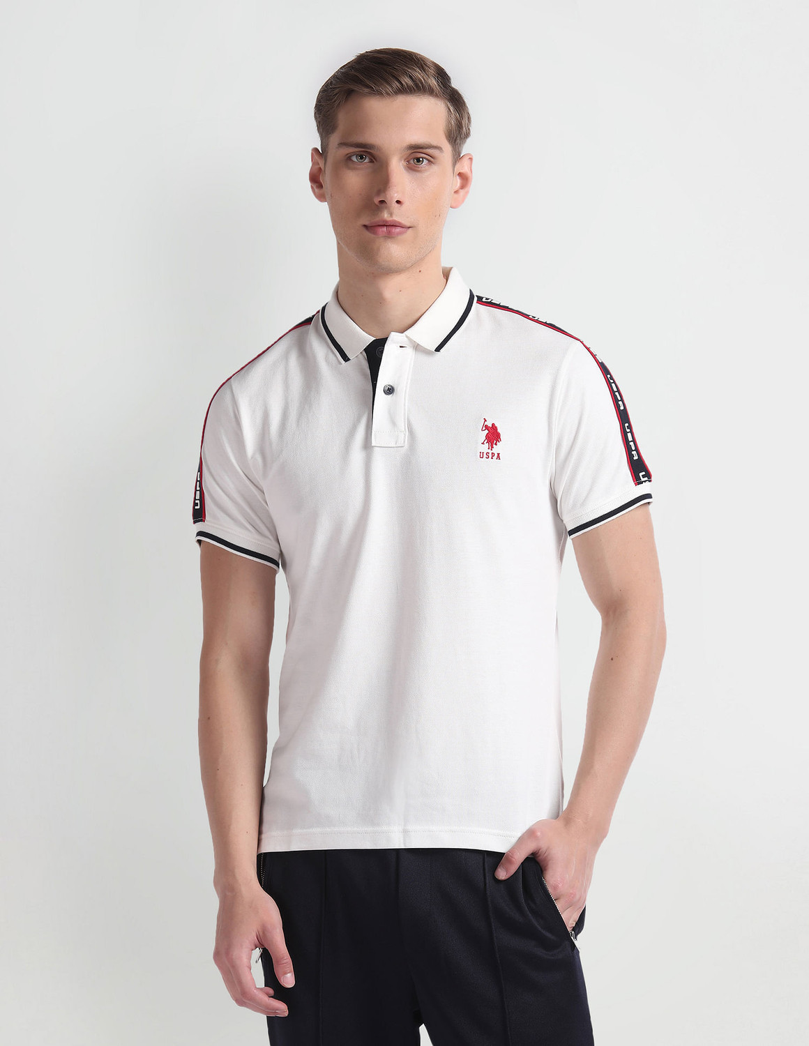 Image of U.S. Polo Assn. Denim Co. Solid Men Polo Neck White T-Shirt