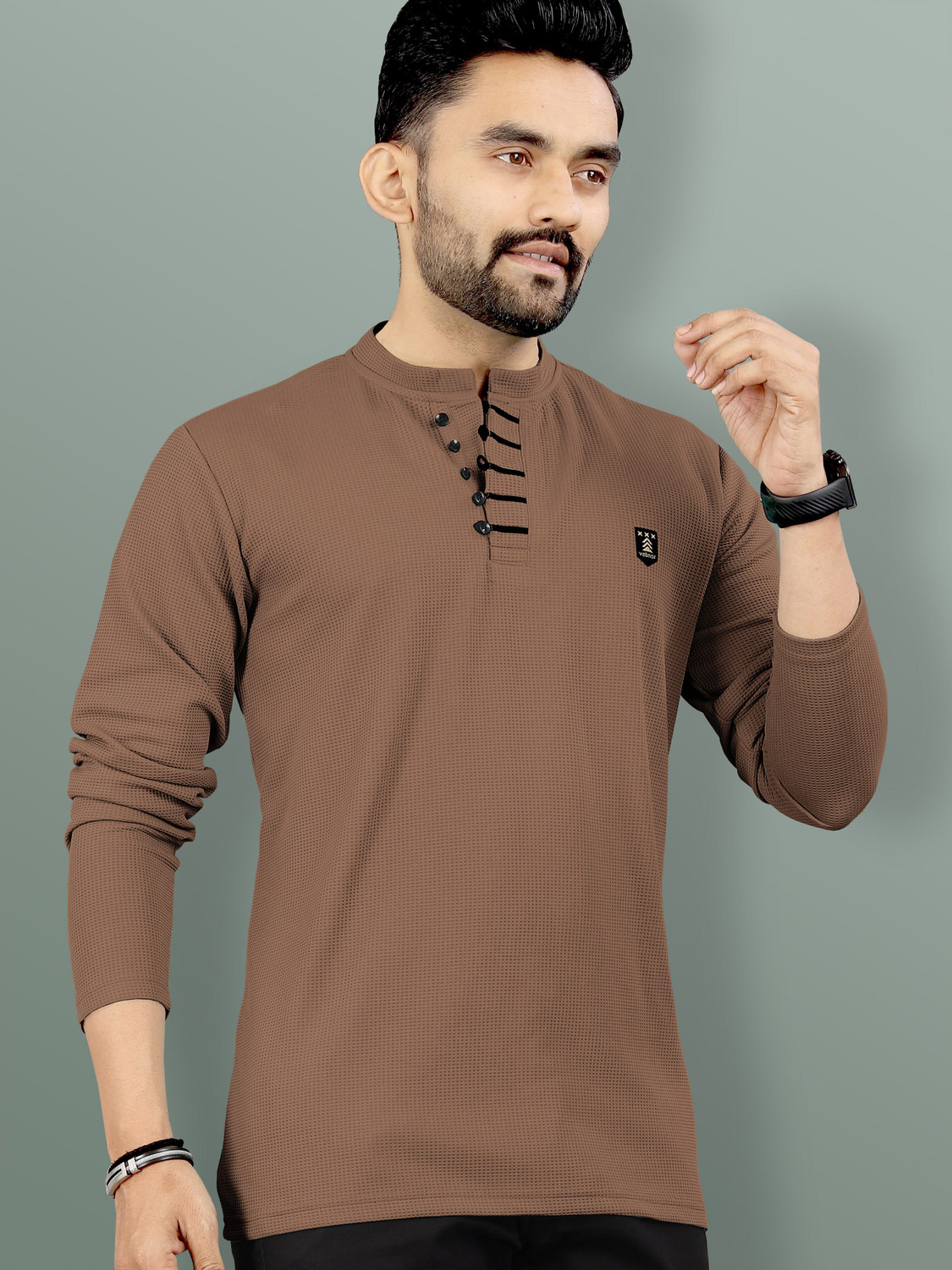 Image of VeBNoR Self Design Men Polo Neck Brown T-Shirt