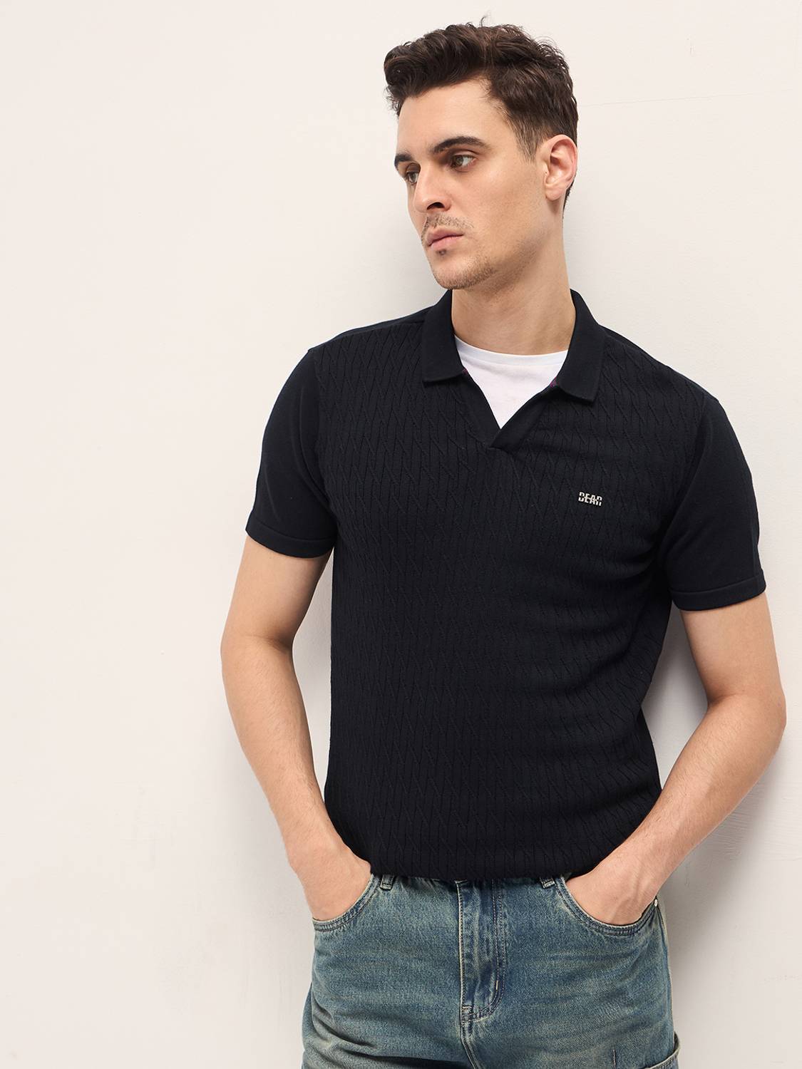THE BEAR HOUSE Men Self Design Polo Neck Pure Cotton Black T-Shir