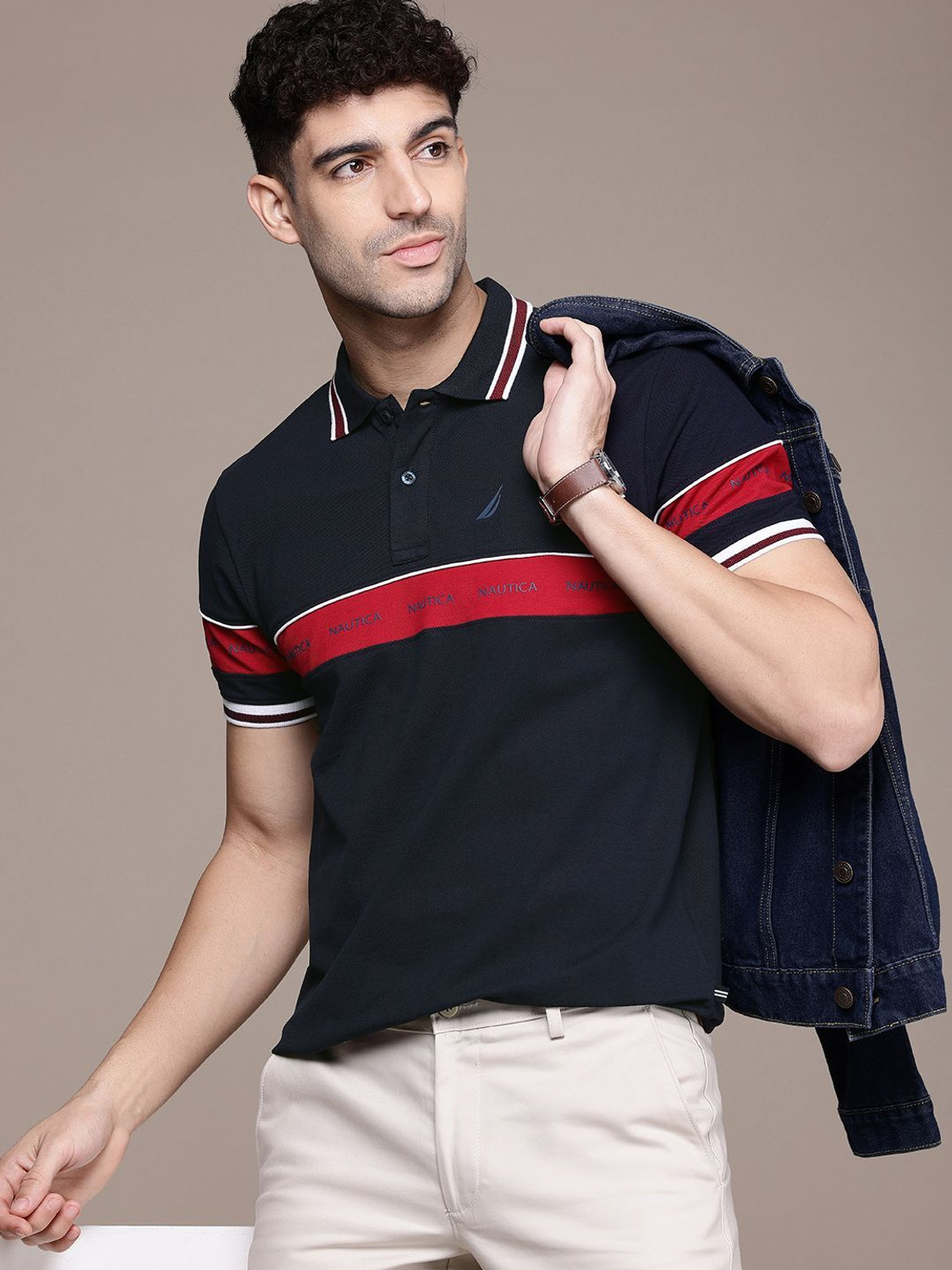 Image of NAUTICA Striped Men Polo Neck Blue T-Shirt