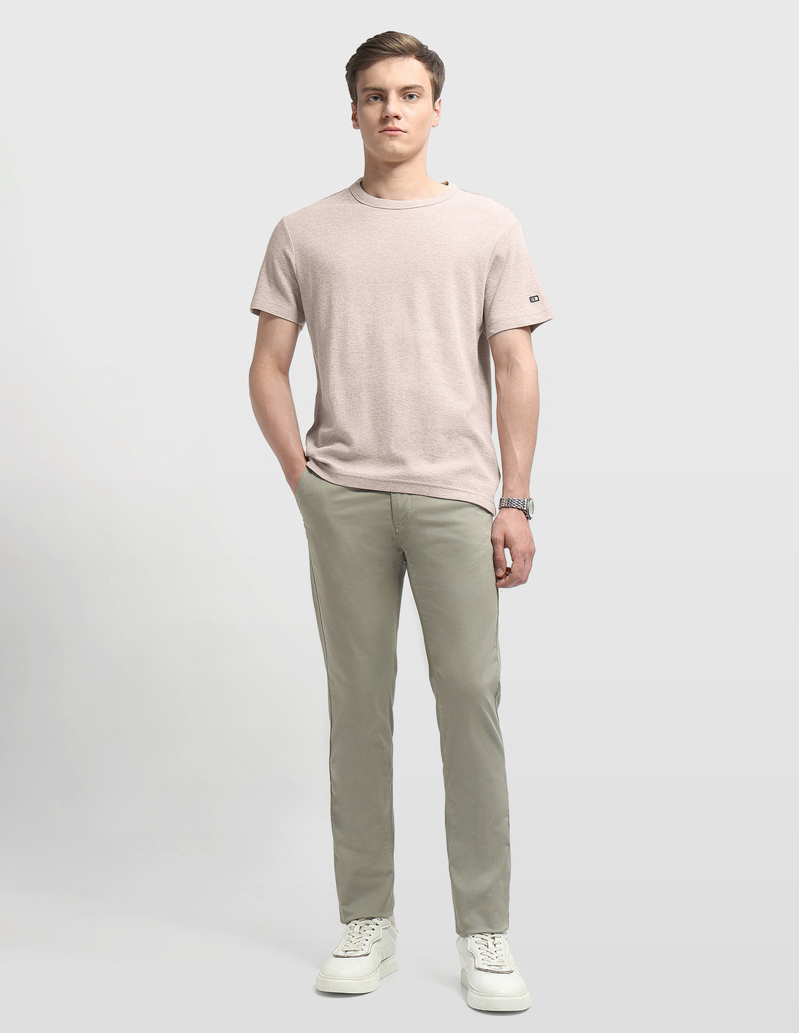 Image of Arrow Sport Self Design Men Crew Neck Beige T-Shirt