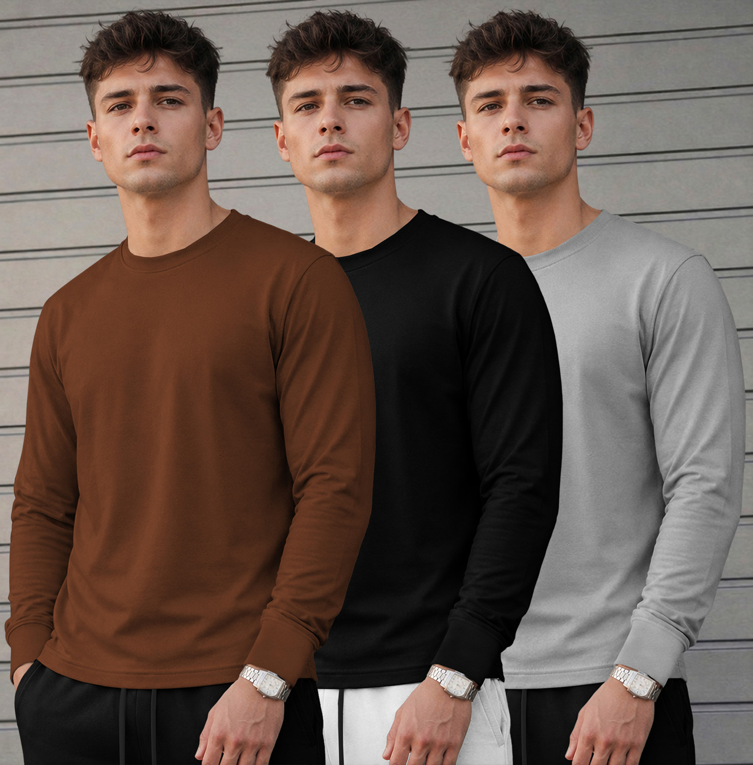 Image of Flipkart SmartBuy Solid Men Round Neck Brown, Black, Grey T-Shirt