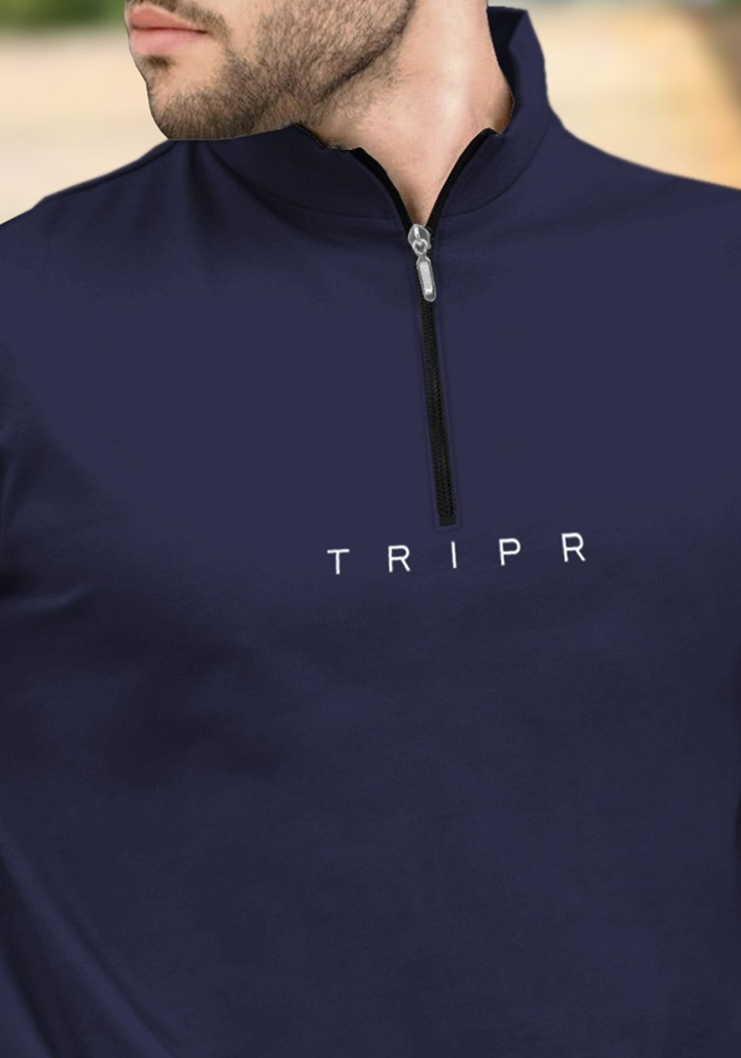 Image of TRIPR Printed Men Mandarin Collar Navy Blue T-Shirt