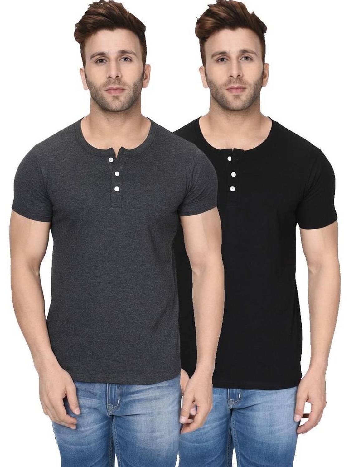 Pack of 2 Men Solid Henley Neck Cotton Blend Black, Grey T-Shirt - Image 1