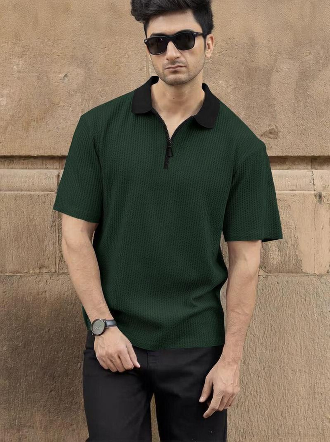 Image of Starvy Self Design Men Polo Neck Green T-Shirt