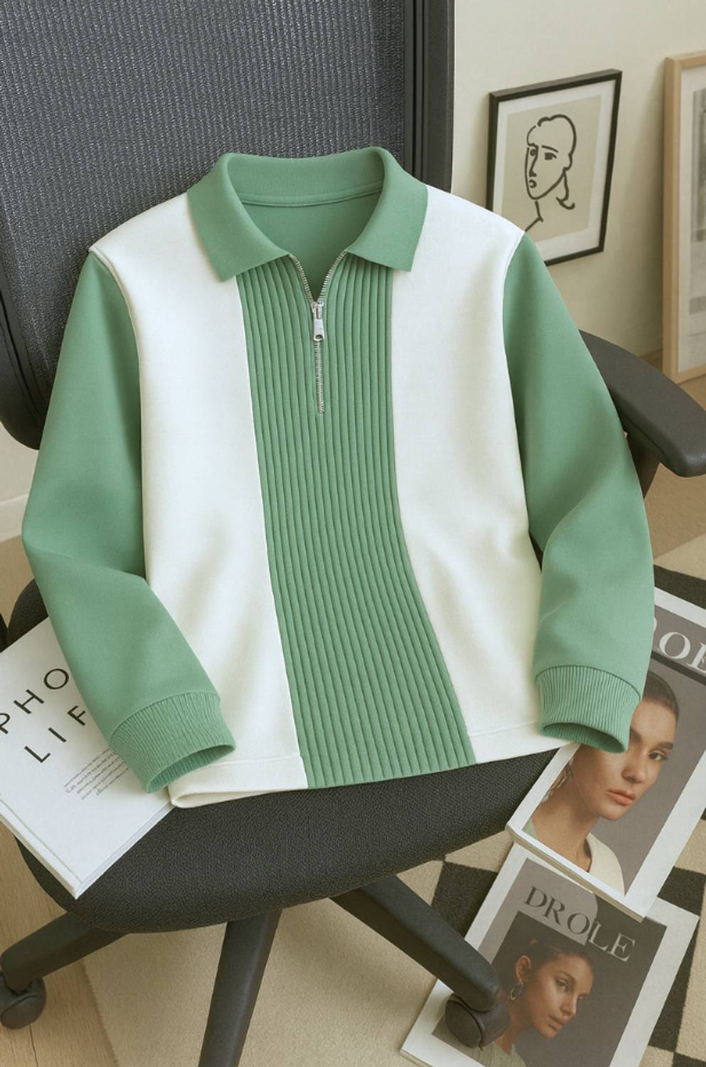 Try This Men Striped, Self Design Zip Neck Cotton Blend Light Gre