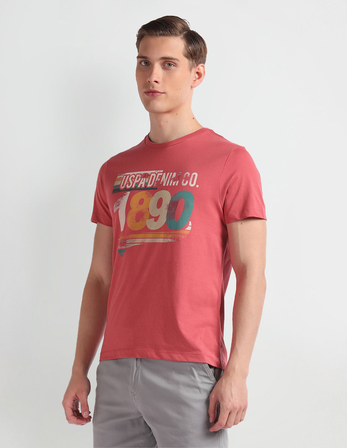 Image of U.S. POLO ASSN. Typography Men Round Neck Pink T-Shirt