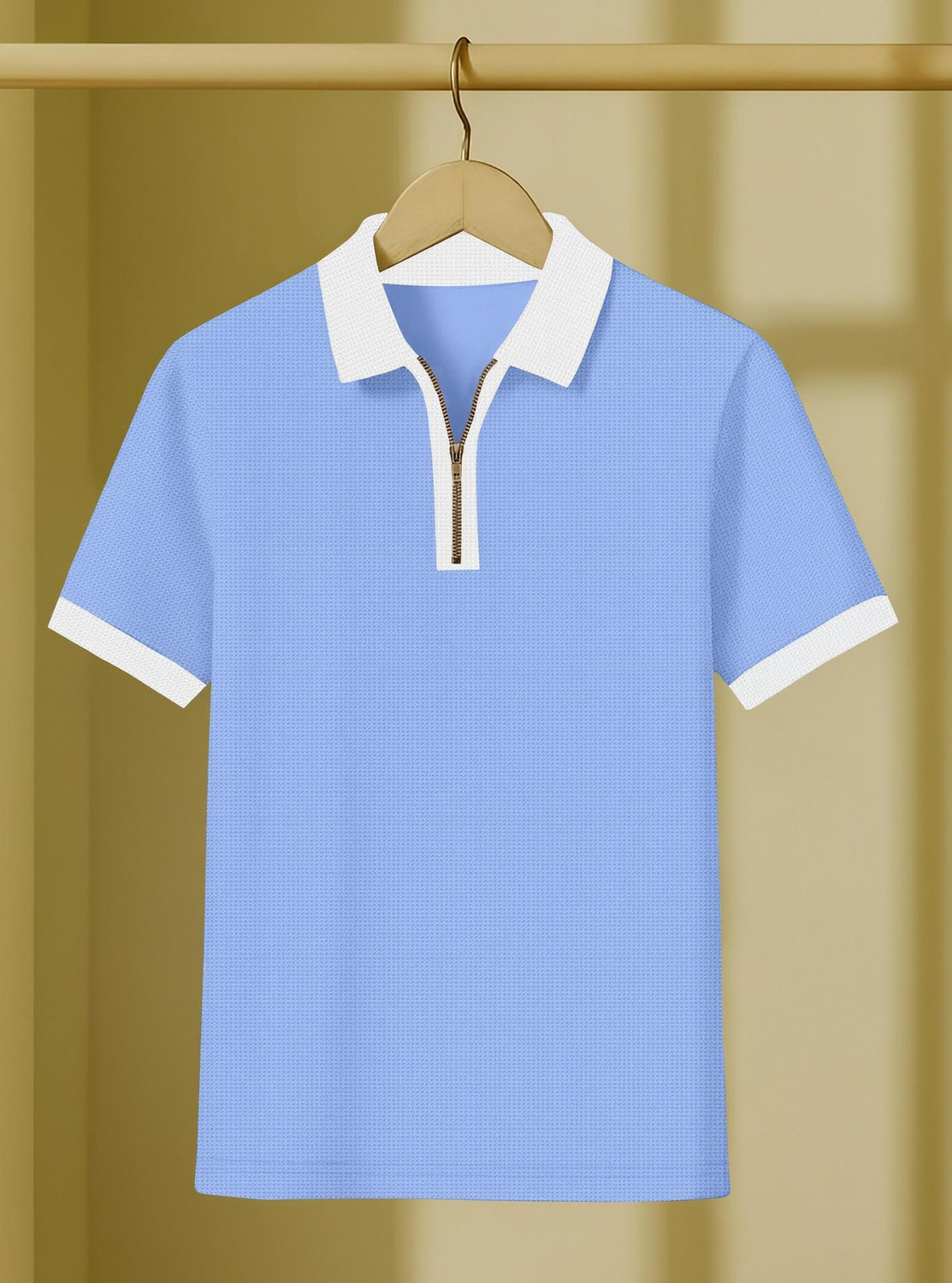Image of KAJARU Self Design Men Zip Neck Blue T-Shirt