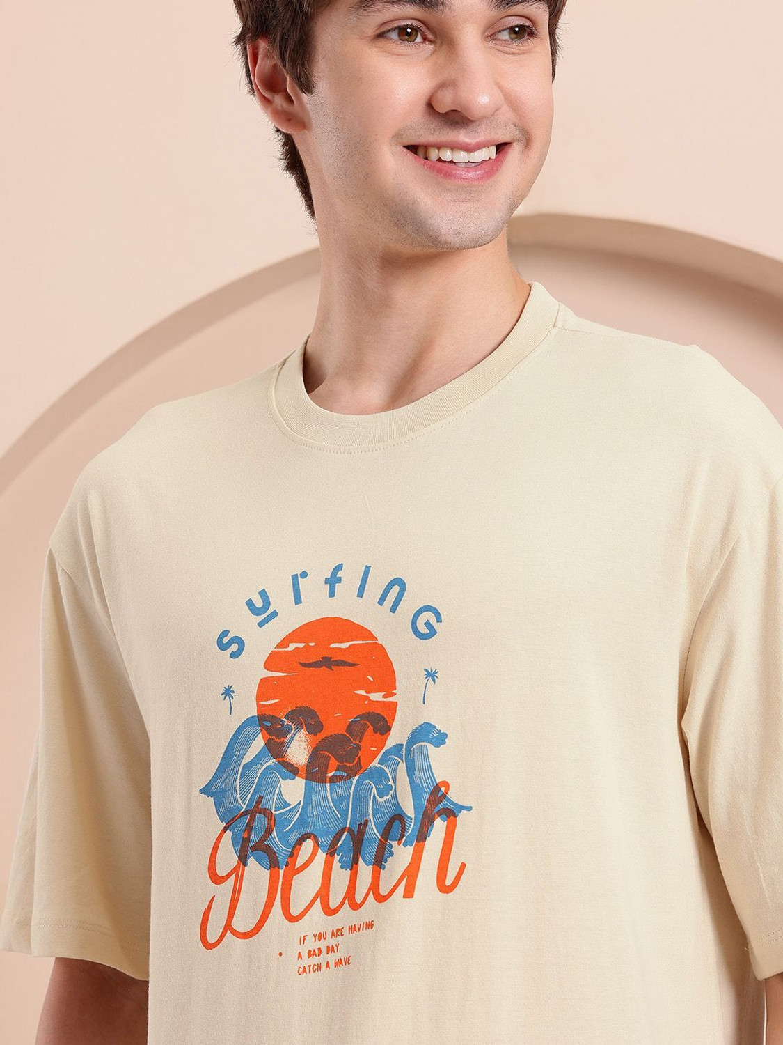 Image of Mast & Harbour Printed Men Round Neck Beige T-Shirt