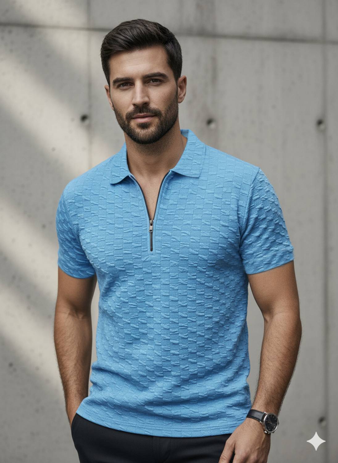 SZN Self Design Men Zip Neck Light Blue T-Shirt - Buy SZN Self
