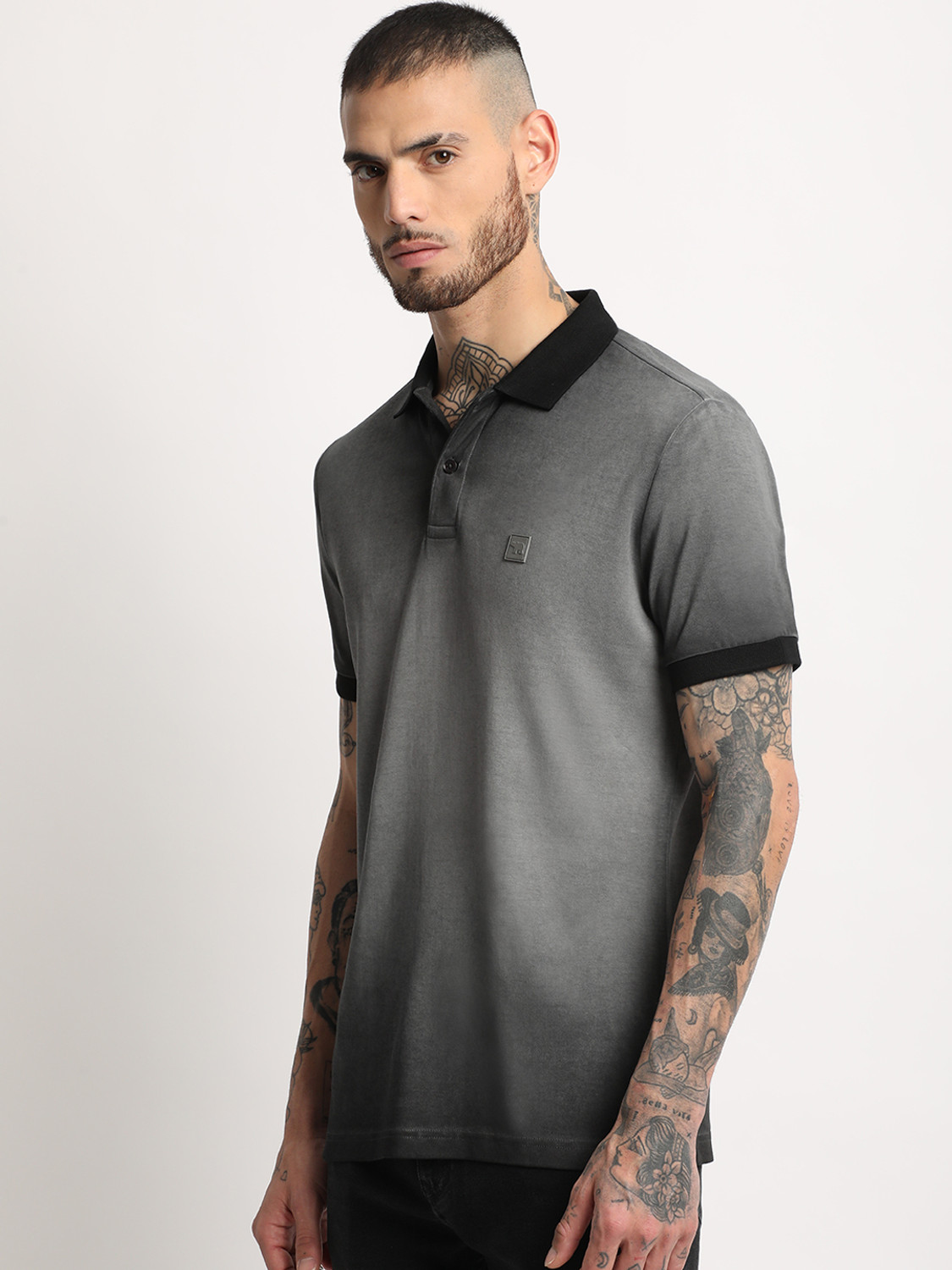 Image of THE BEAR HOUSE Solid Men Polo Neck Grey T-Shirt