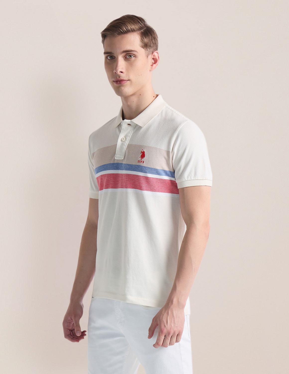 Image of U.S. POLO ASSN. Colorblock Men Polo Neck Beige T-Shirt