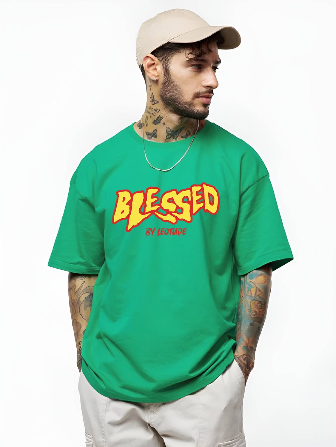 Leotude Men Printed Round Neck Cotton Blend Green T-Shirt