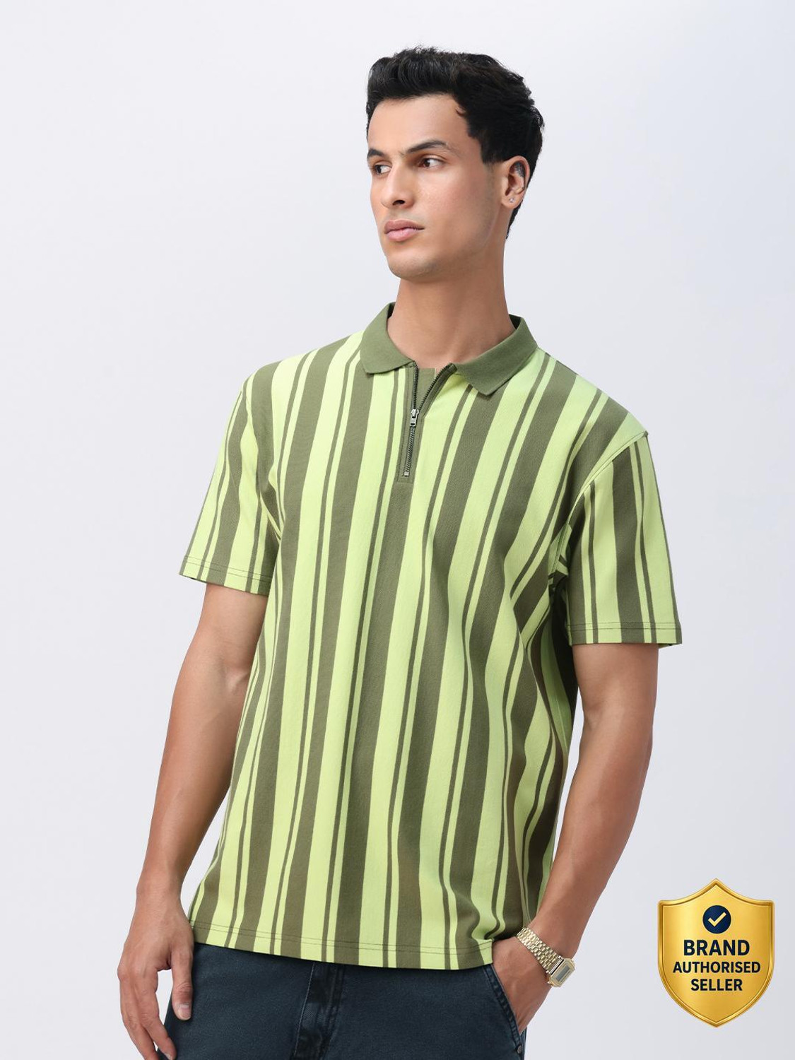 The Souled Store Striped Men Polo Neck Green T-Shirt