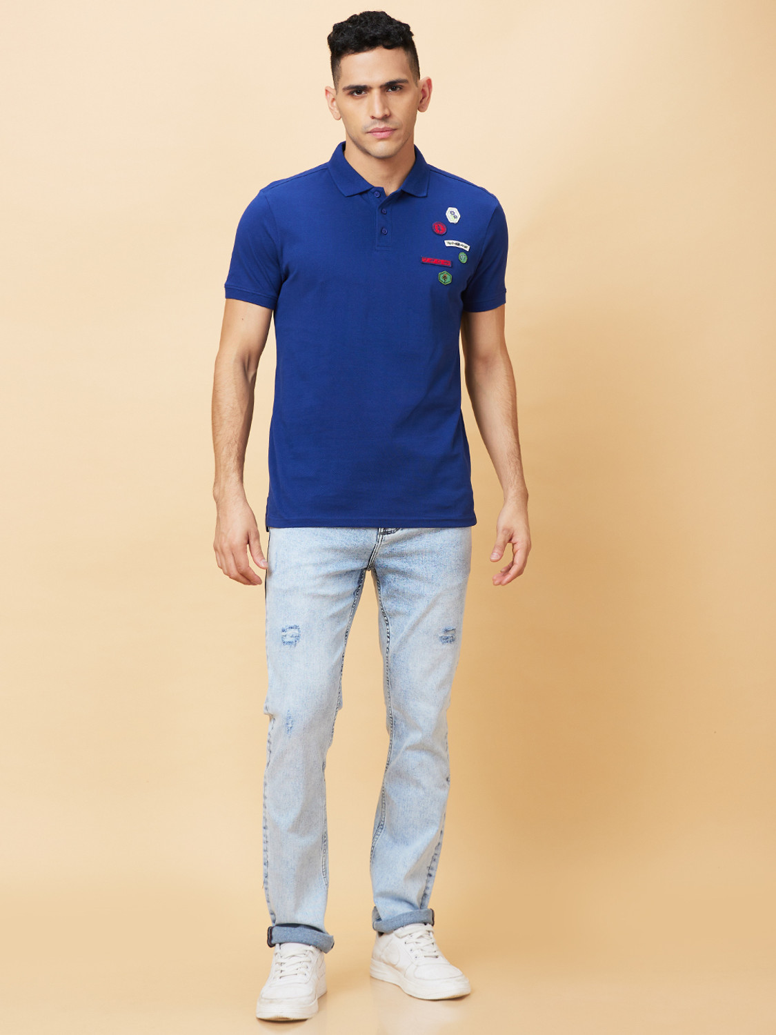 Image of BEING HUMAN Solid Men Polo Neck Dark Blue T-Shirt