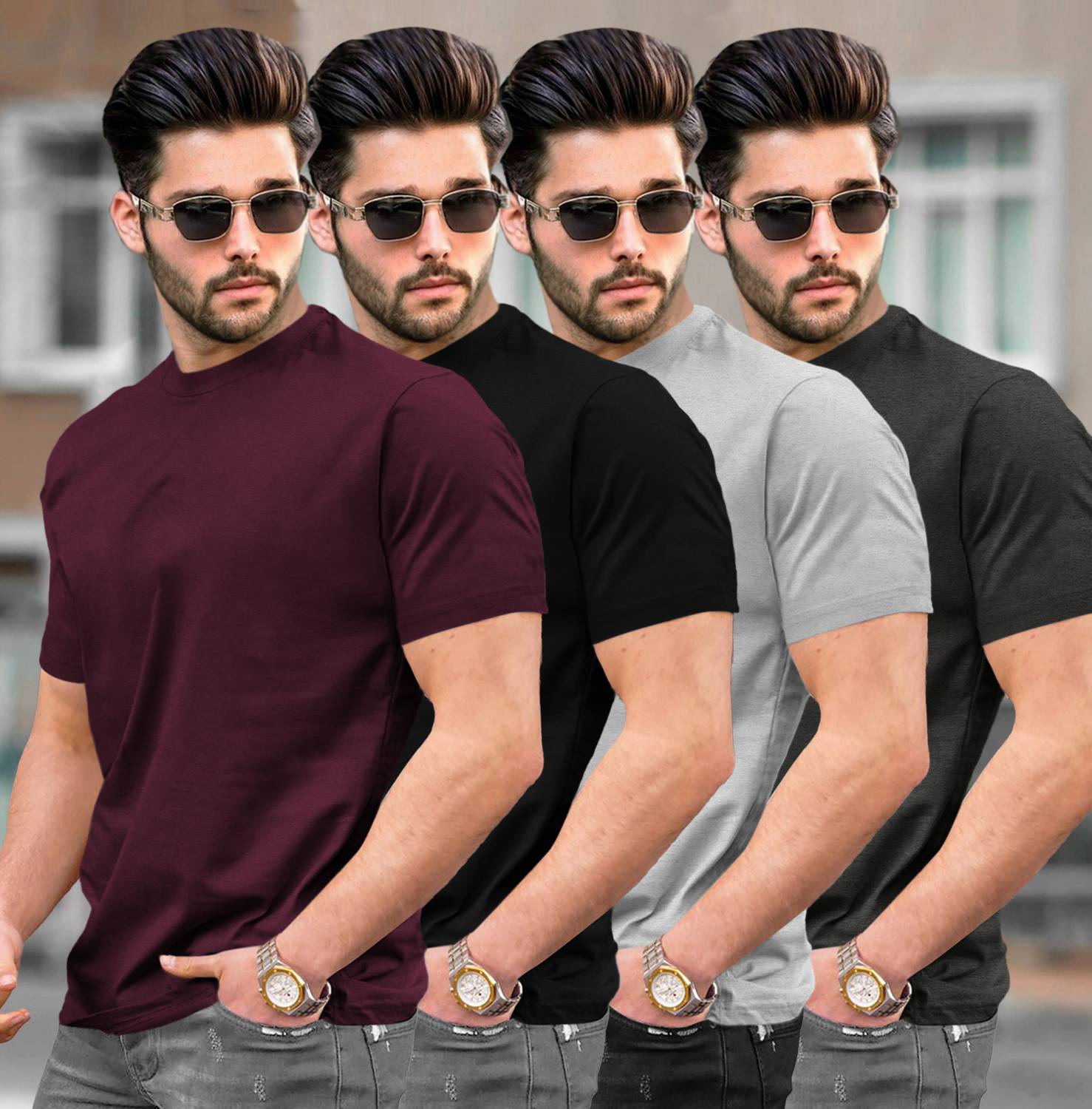 TRIPR Pack of 4 Men Solid Round Neck Cotton Blend Multicolor T-Sh