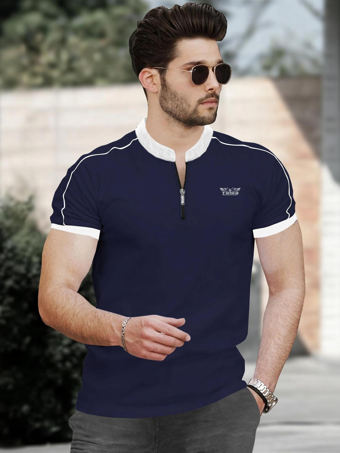 Image of TRIPR Solid Men Mandarin Collar Navy Blue T-Shirt