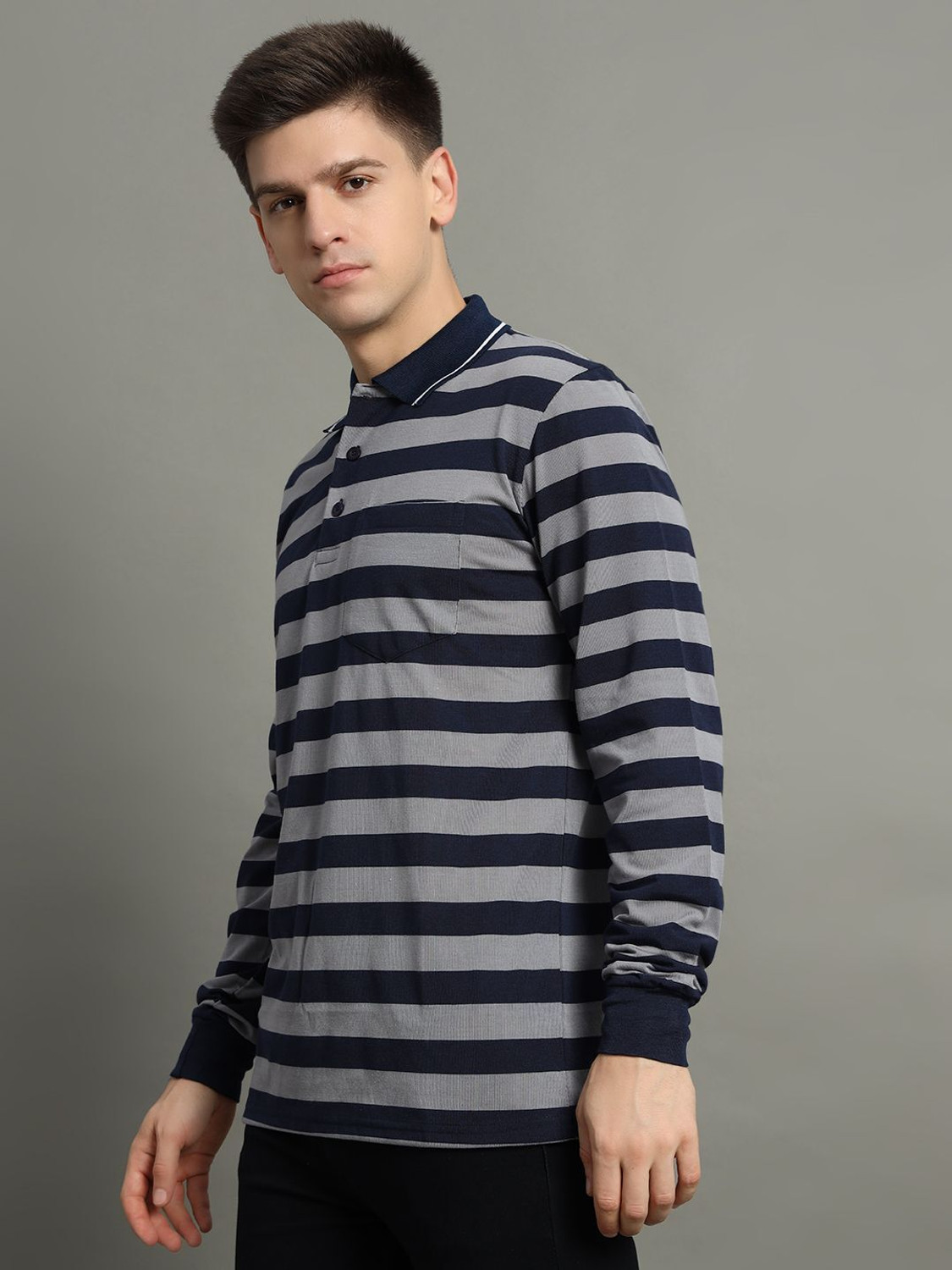 Image of GETGOLF Striped Men Polo Neck Navy Blue T-Shirt