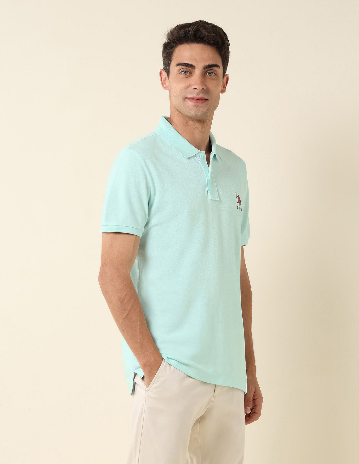 Image of U.S. POLO ASSN. Solid Men Polo Neck Light Green T-Shirt