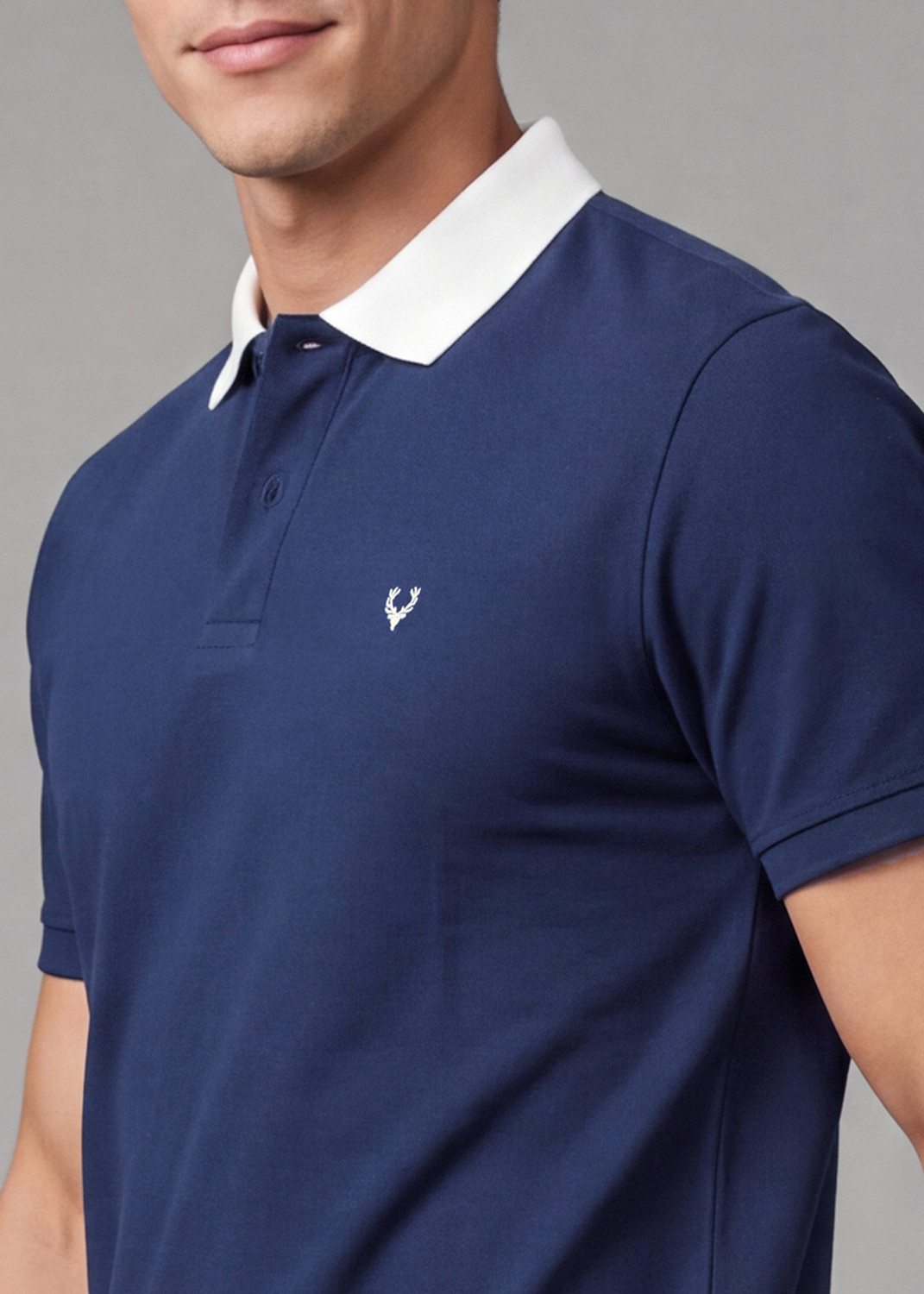 Image of Allen Solly Men Solid Polo Neck Cotton Blend Blue T-Shirt
