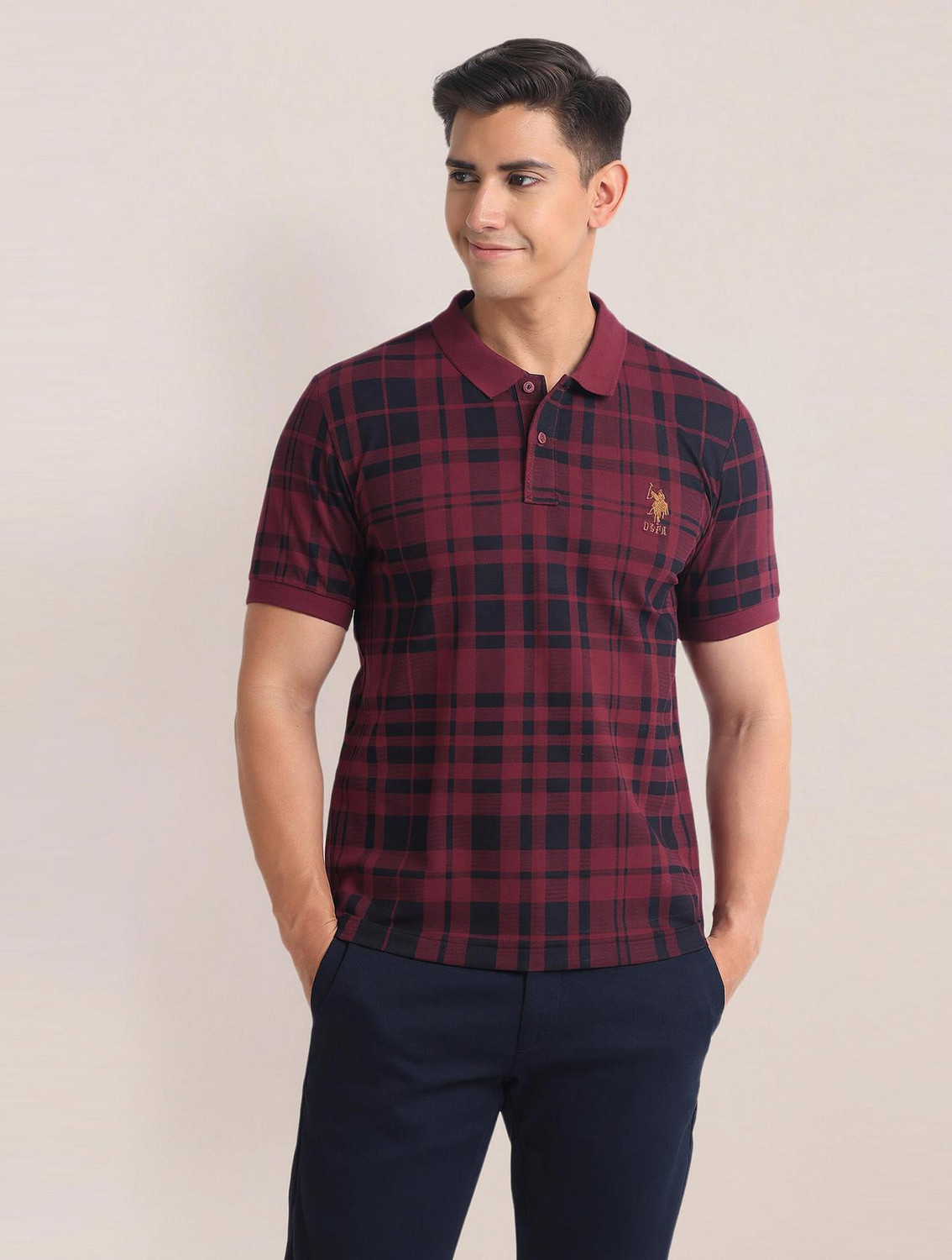 Image of U.S. POLO ASSN. Checkered Men Polo Neck Red T-Shirt
