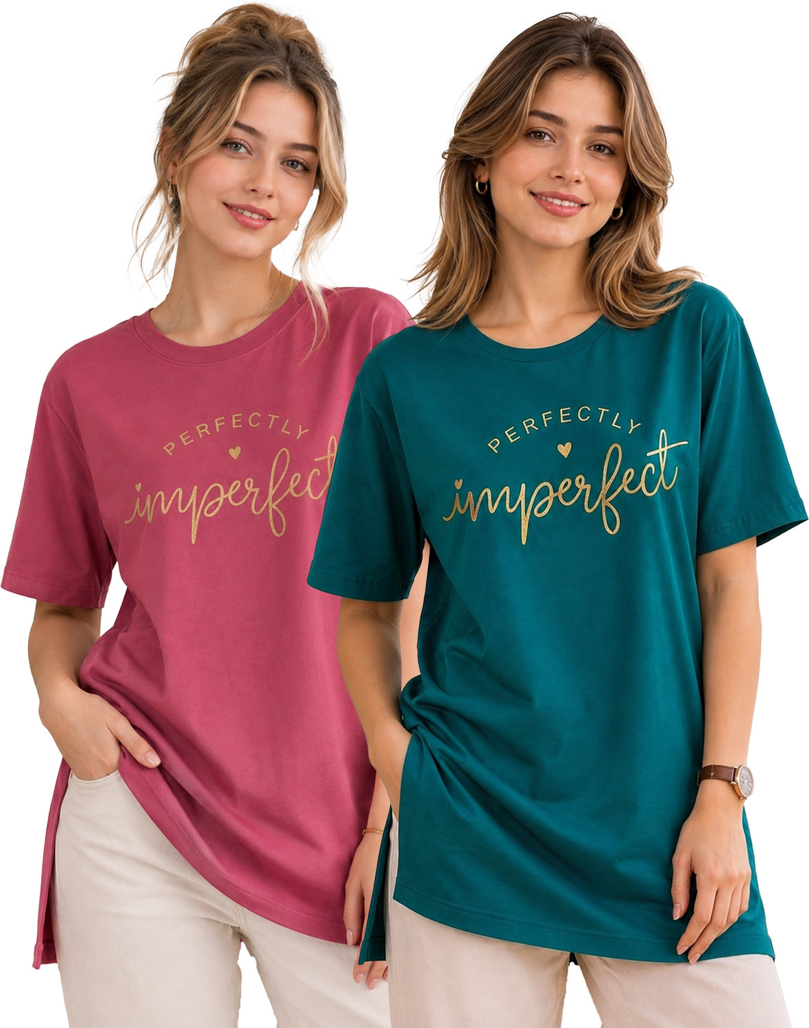 Image of URBE Printed Women Round Neck Pink, Green T-Shirt