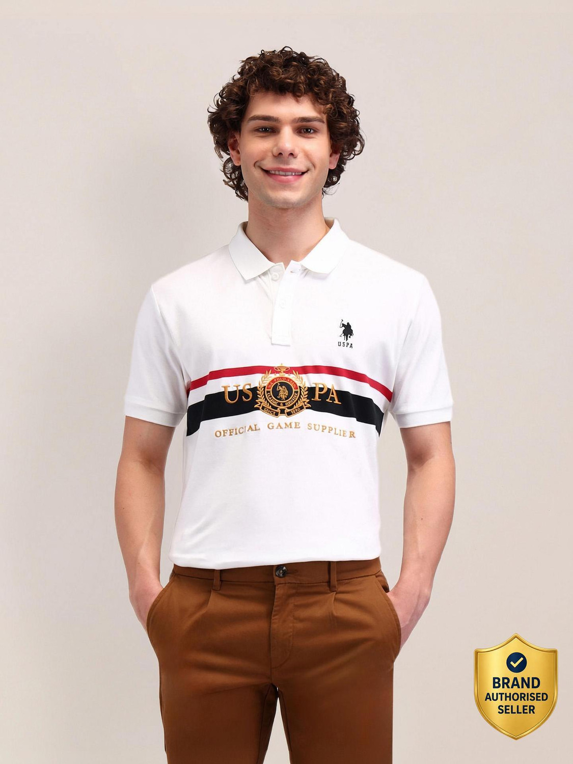 Image of U.S. POLO ASSN. Graphic Print Men Polo Neck White T-Shirt