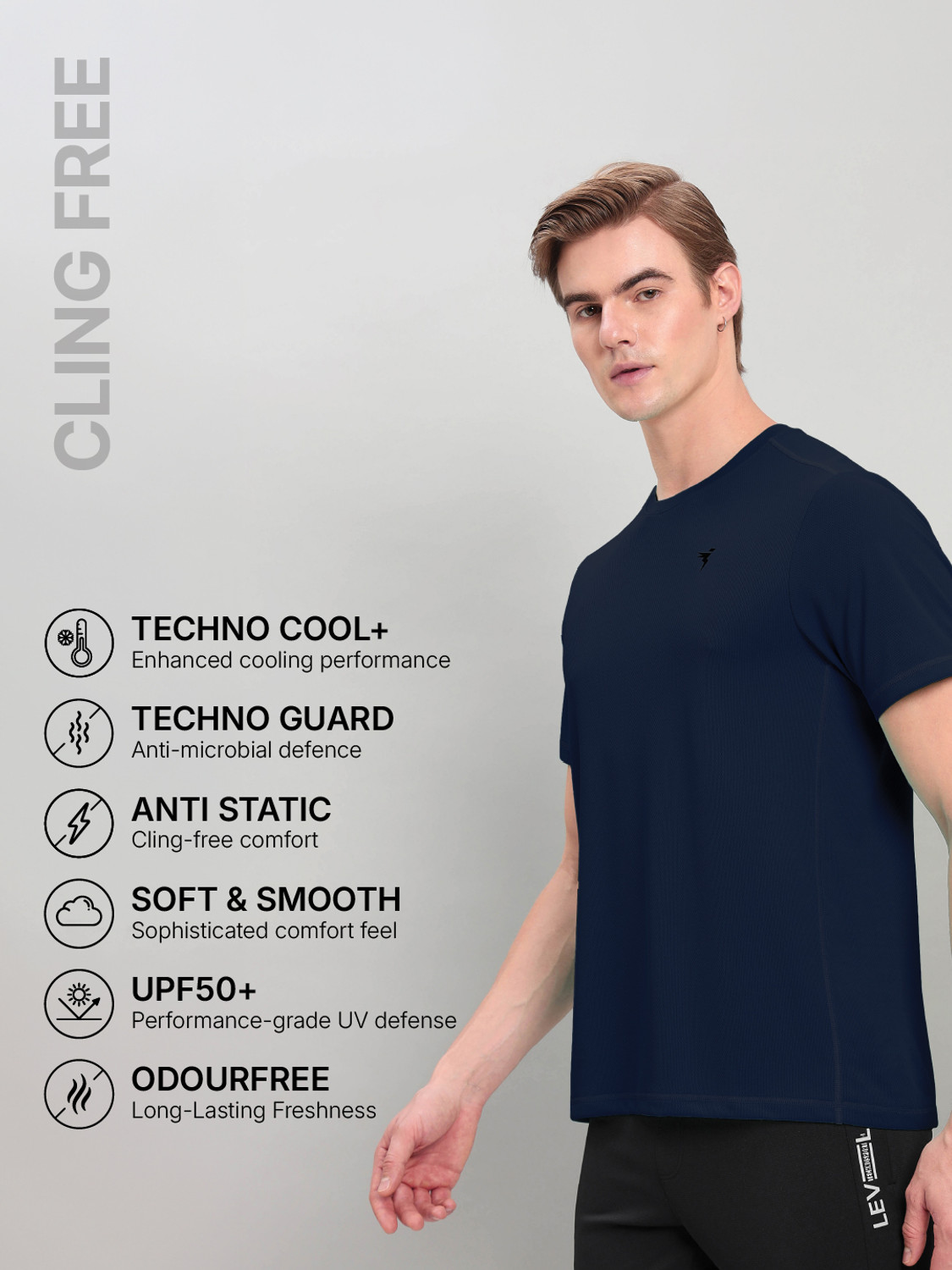 Image of TECHNOSPORT Solid Men Round Neck Navy Blue T-Shirt