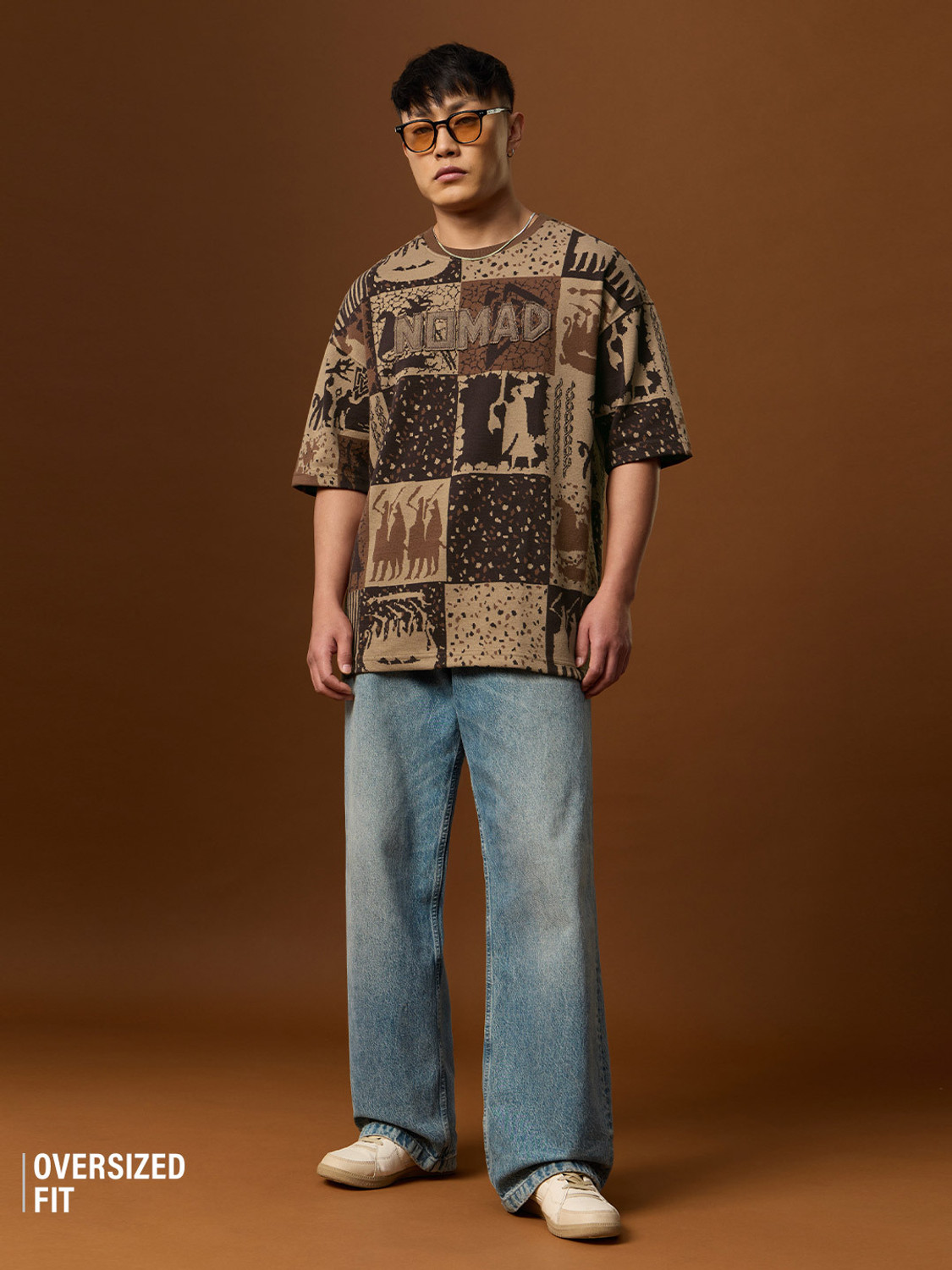 Image of The Souled Store Tribal Print Men Crew Neck Brown T-Shirt
