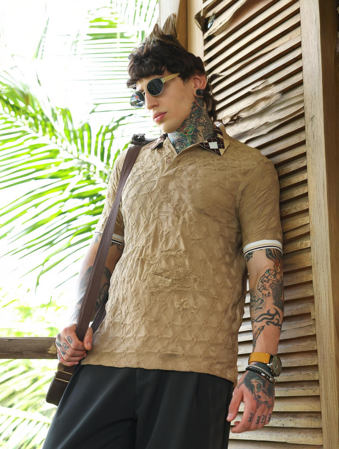 Image of CAMPUS SUTRA Self Design Men Polo Neck Beige T-Shirt