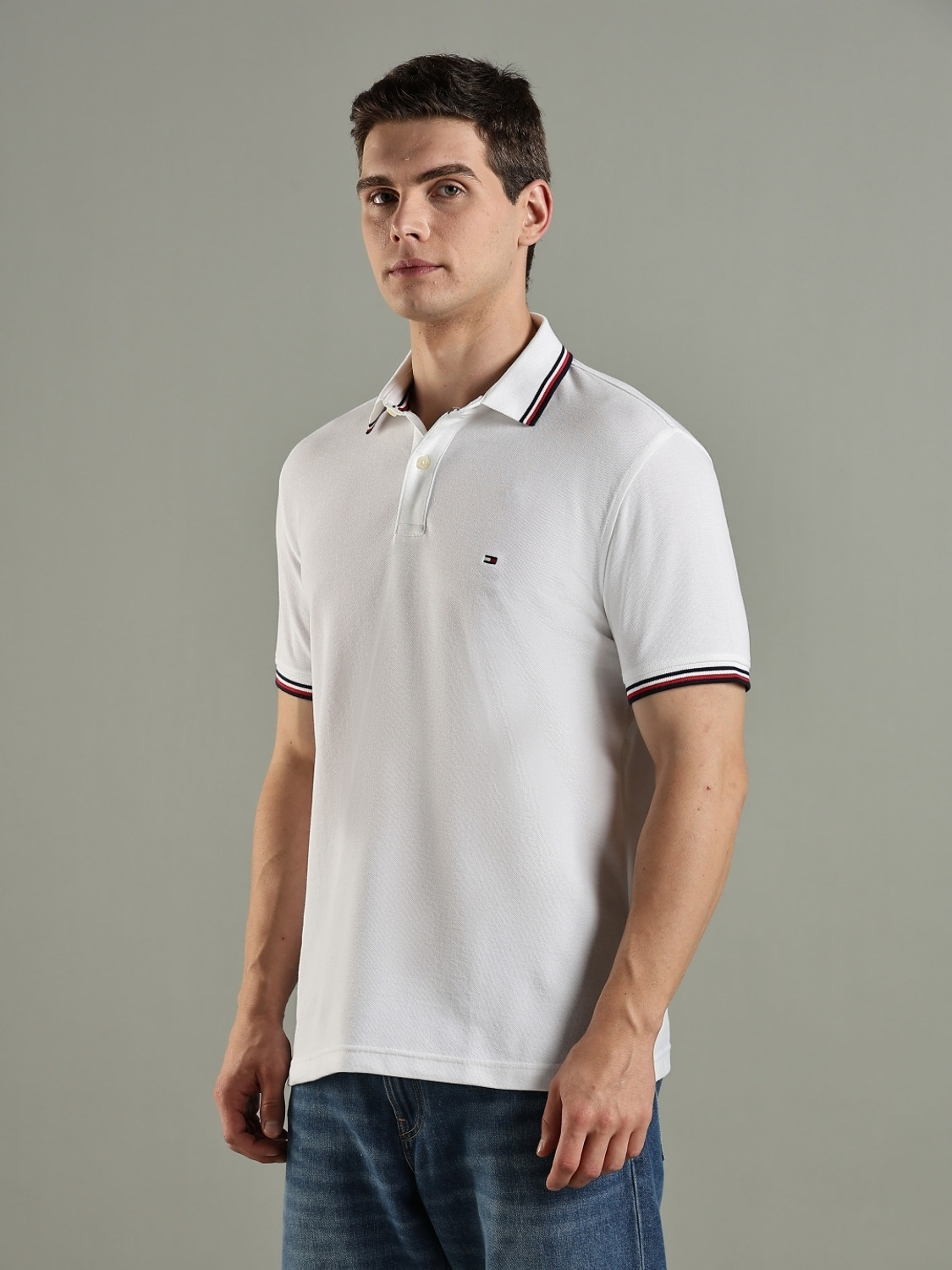 Image of TOMMY HILFIGER Solid Men Polo Neck White T-Shirt