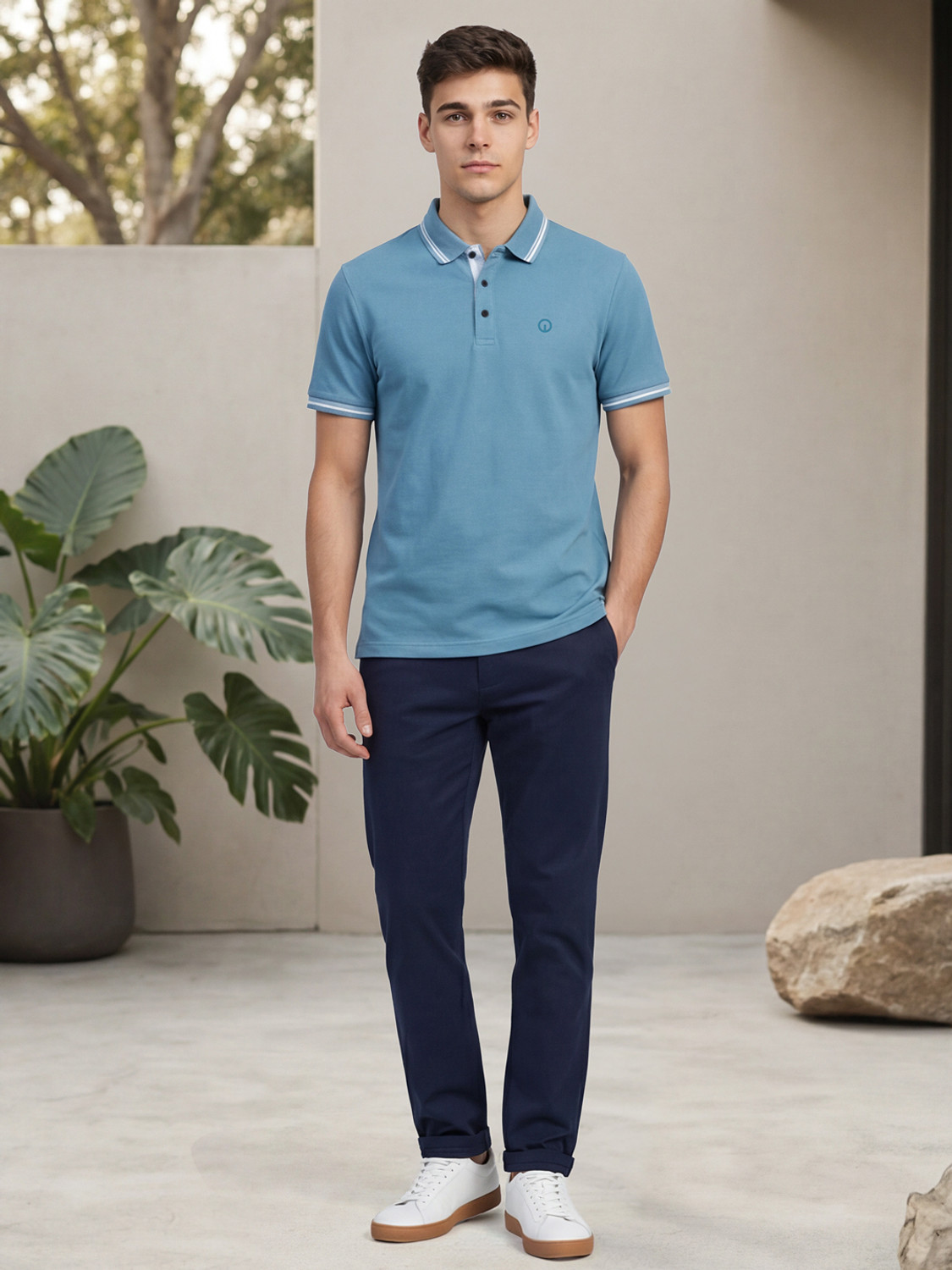 Image of INTEGRITI Solid Men Polo Neck Light Blue T-Shirt