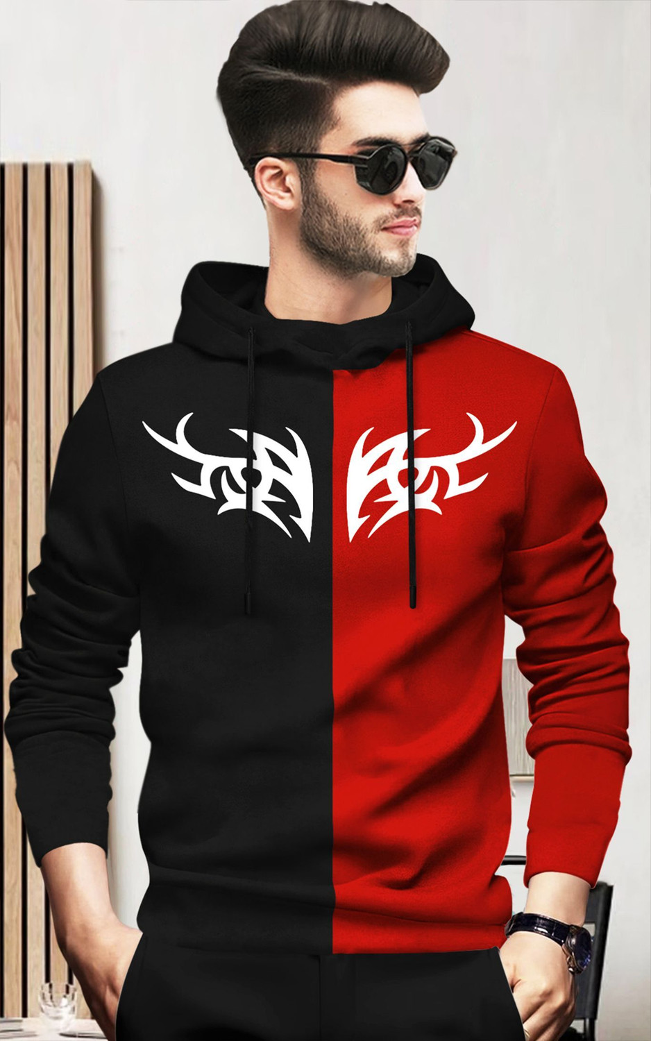 Image of BLIVE Printed Men Hooded Neck Black, Red T-Shirt