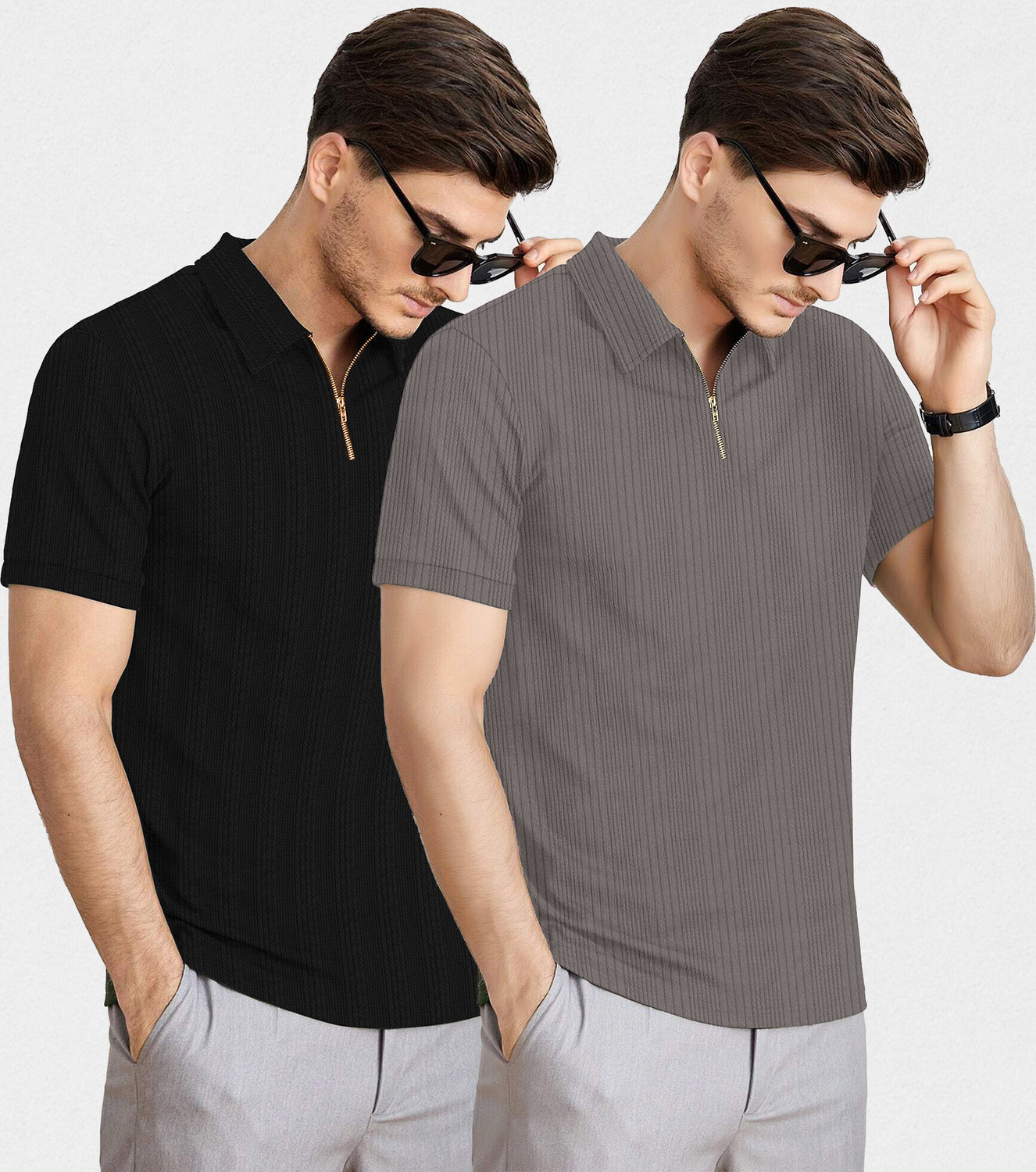 Image of KAJARU Self Design Men Zip Neck Black, Grey T-Shirt