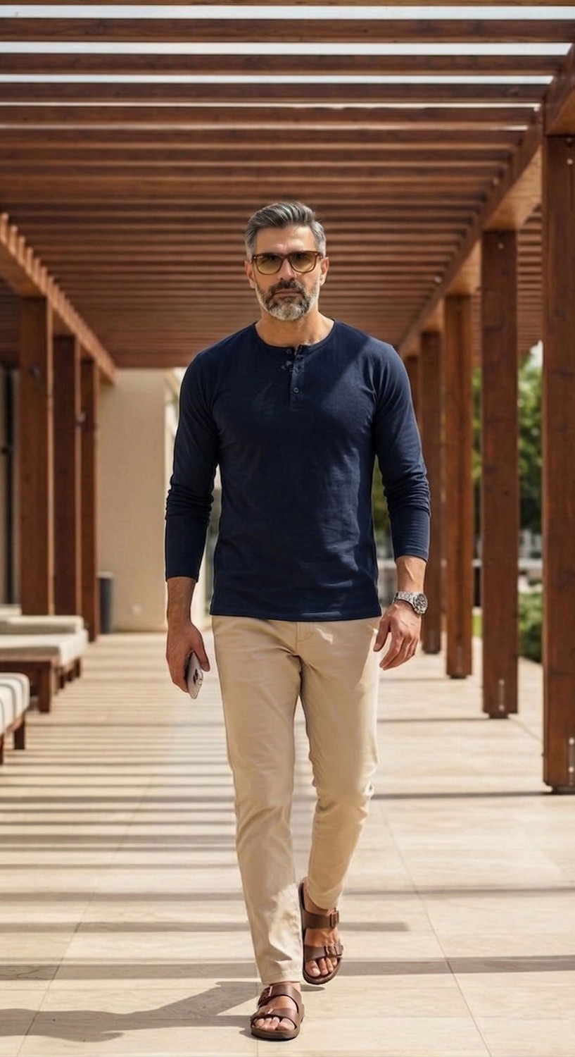 Image of Leon Self Design Men Henley Neck Dark Blue T-Shirt