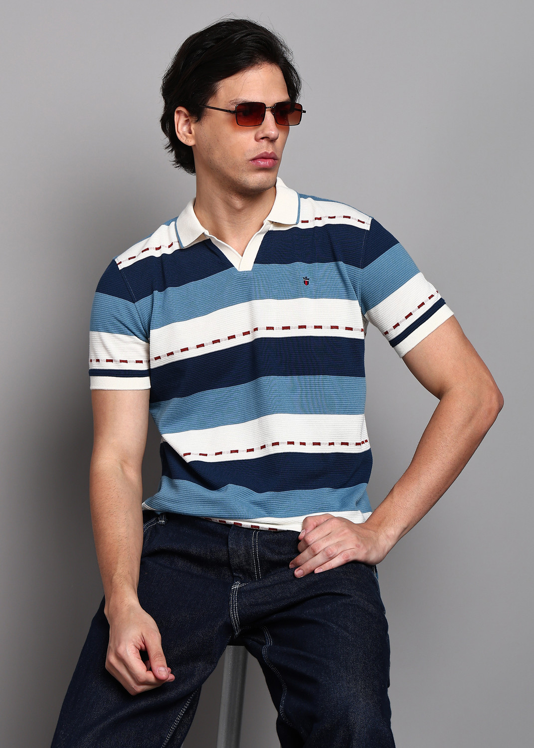 Image of Louis Philippe Jeans Men Striped Polo Neck Polycotton Multicolor T-Shirt