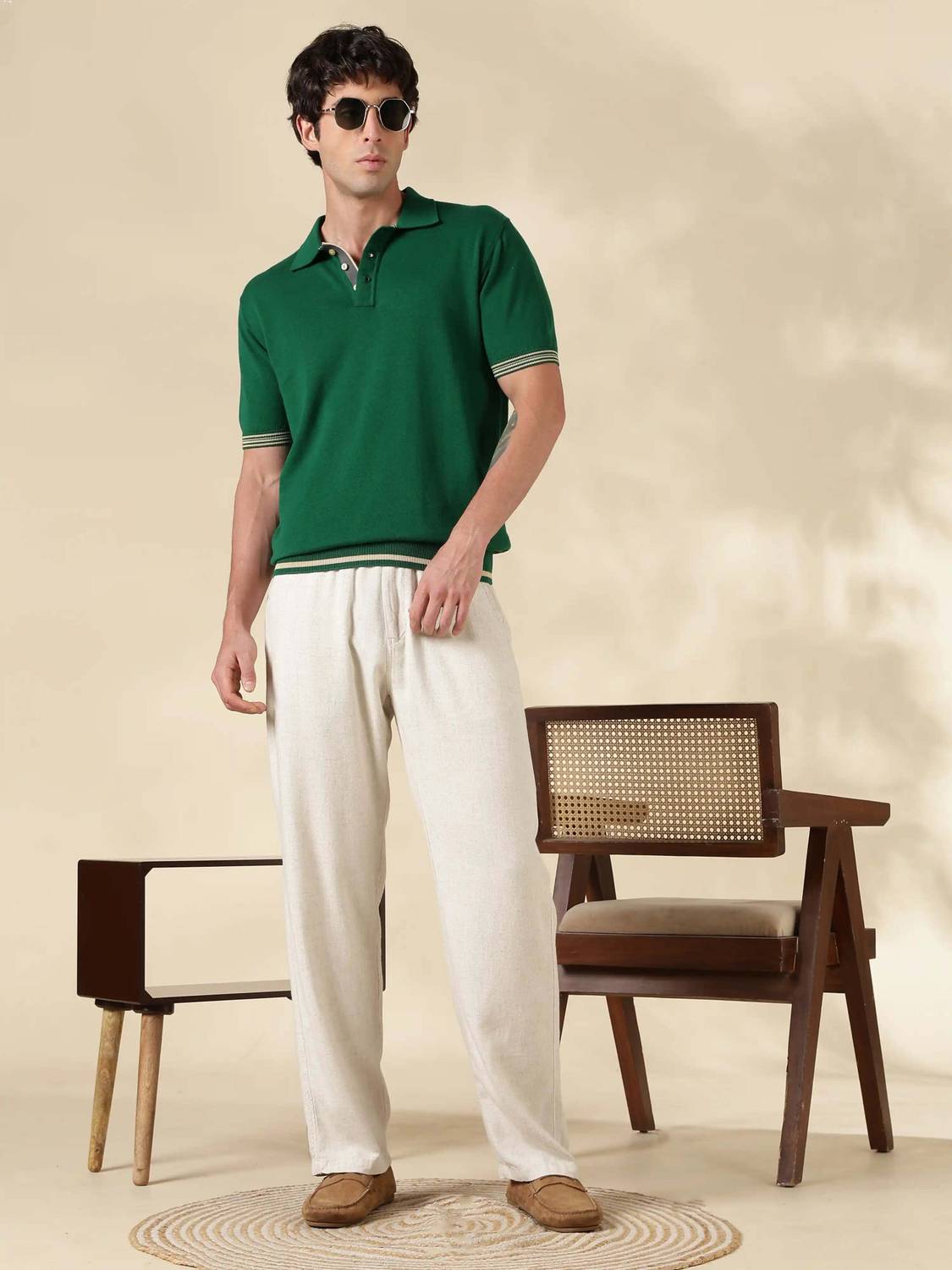 MR BUTTON Solid Men Polo Neck Green T-Shirt - Image 4