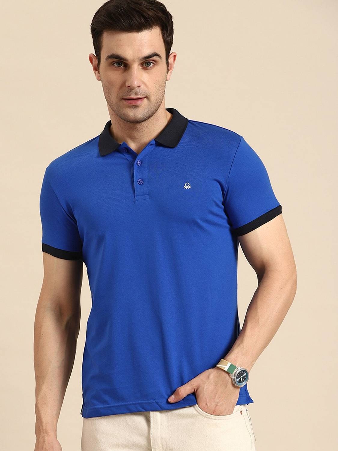 United Colors of Benetton Men Solid Polo Neck Cotton Blend Blue T
