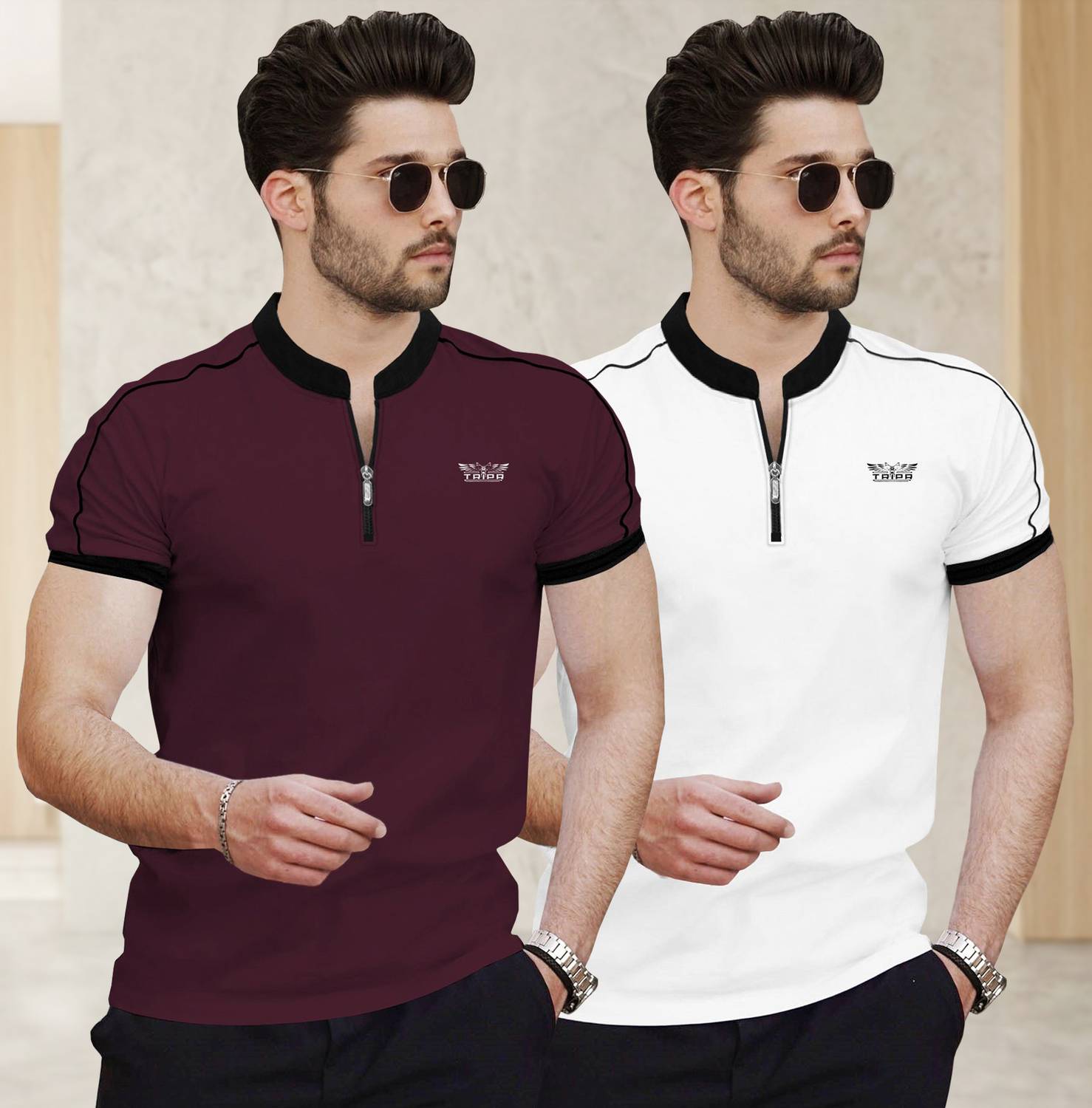 TRIPR Pack of 2 Men Typography Mandarin Collar Cotton Blend Multi