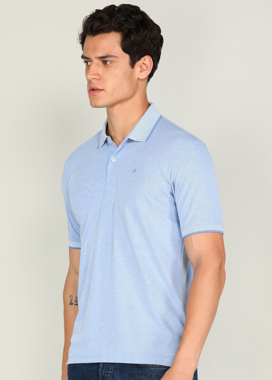 Image of PETER ENGLAND Checkered Men Polo Neck Blue T-Shirt