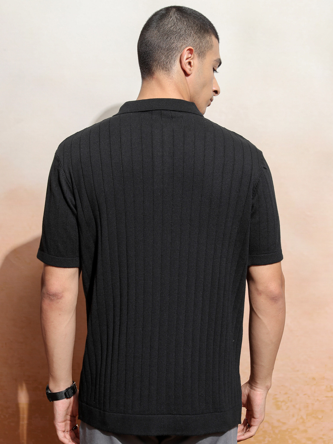 Image of HIGHLANDER Striped Men Polo Neck Black T-Shirt