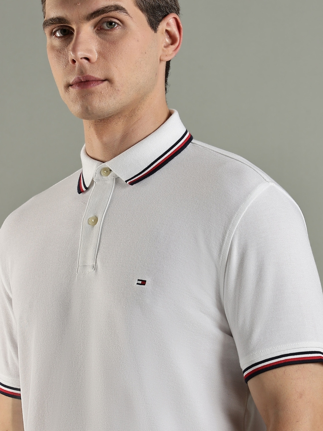 Image of TOMMY HILFIGER Solid Men Polo Neck White T-Shirt
