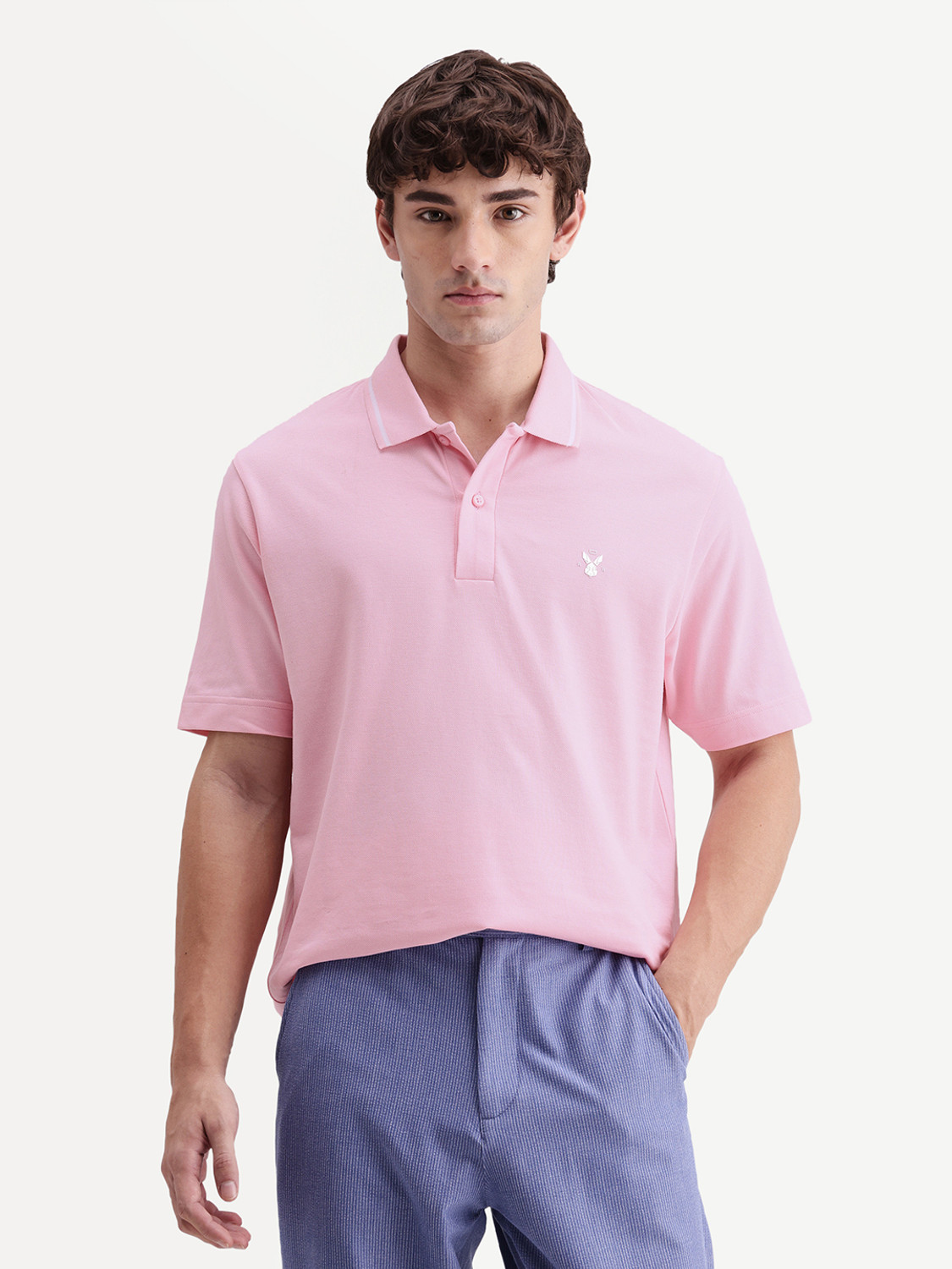 Image of RARE RABBIT Solid Men Polo Neck Pink T-Shirt