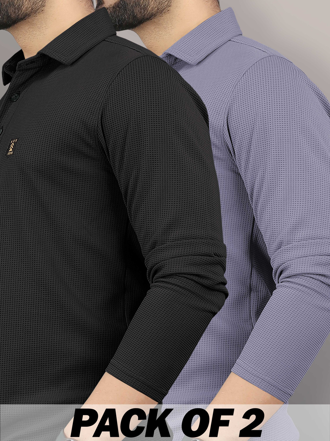 Image of VeBNoR Self Design Men Polo Neck Black, Grey T-Shirt