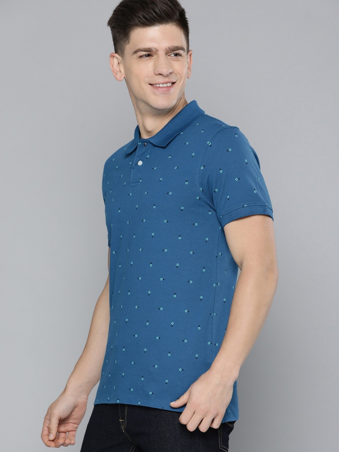 Image of Mast & Harbour Geometric Print Men Polo Neck Blue T-Shirt