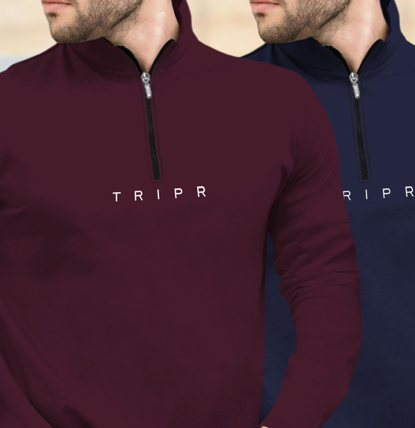 Image of TRIPR Printed Men Henley Neck Maroon, Navy Blue T-Shirt