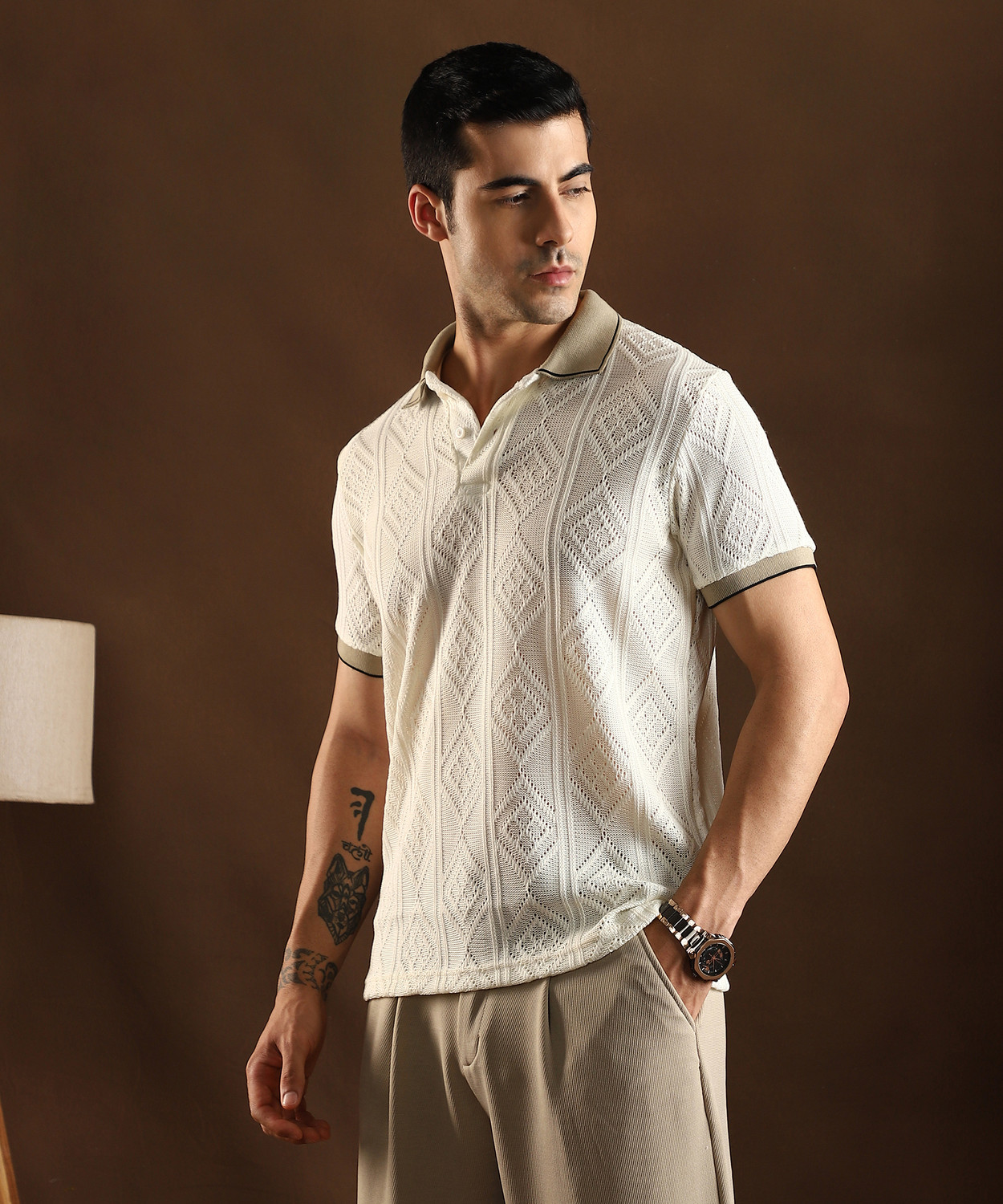 Image of CAMPUS SUTRA Self Design Men Polo Neck White T-Shirt